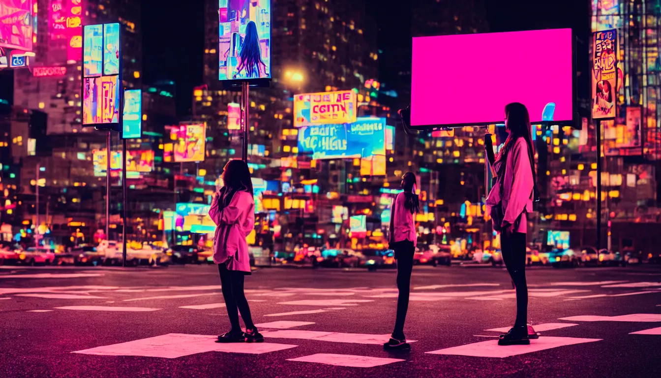 Prompt: 90s neon movie still city at night. school girl stands in the middle of a crosswalk. She is looking up at an advertisement. hyperrealistic, high definition, medium format photography, highly detailed, technicolor, anamorphic 50mm lens