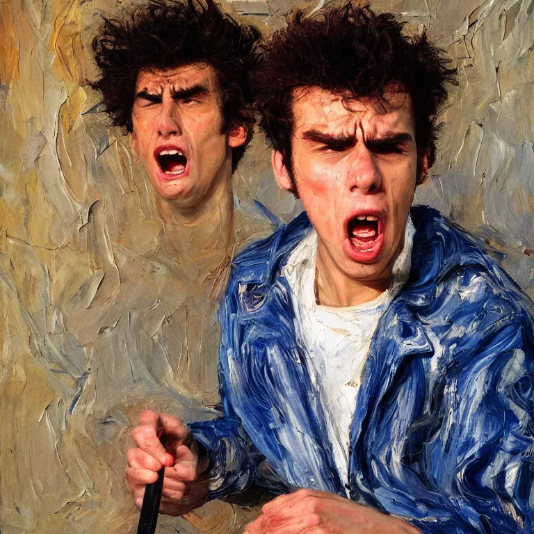 Image similar to warmly lit close up studio portrait of young angry! teenage Cosmo Kramer angrily singing, impasto oil painting thick brushstrokes by Cy Twombly and Anselm Kiefer , trending on artstation dramatic lighting Expressionism