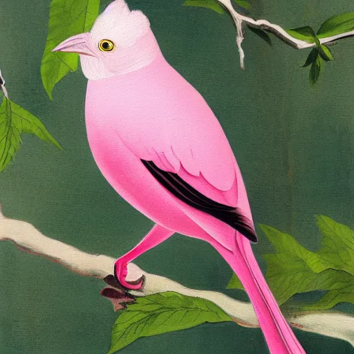 Prompt: painting of a pink bird perching on a branch, painting by John Audubon