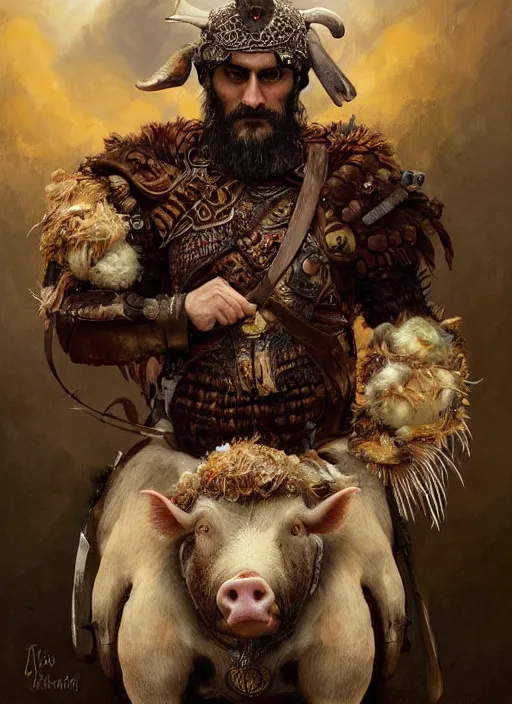 Image similar to digital painting of joaquin phoenix with an armor made of animals, cow horns, pig nose, sheep wool, chicken feather armor, majestic, by anna podedworna and miklos ligeti, diego maricato, taran fiddler, antonino truisi, chris reddie, jinsung lim, trending on artstation