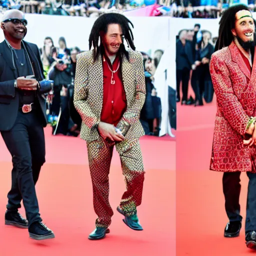 Image similar to bob Marley wearing Gucci outfit and walking on Canne festival red carpet