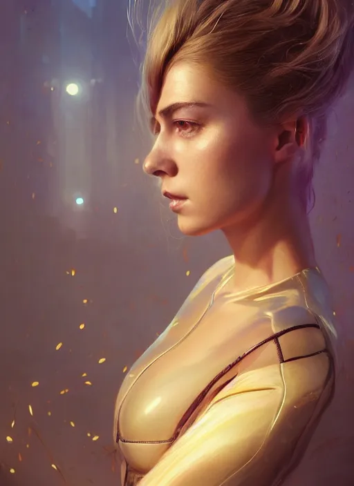 Image similar to highly detailed portrait of a beautiful female wearing a latex suit, stephen bliss, 8 k, unreal engine, by greg rutkowski, loish, rhads, ferdinand knab, makoto shinkai and lois van baarle, ilya kuvshinov, rossdraws, tom bagshaw, global illumination, radiant light, detailed and intricate environment