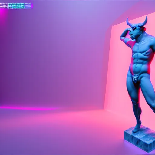 Image similar to unreal engine octane render houdini hyperreallistic render 8k marble statue of the minotaur vaporwave blue and pink neon background