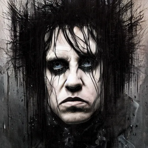 Image similar to stunning portrait of gaunt ( the cure fan ) as dream from sandman, dim stars as eyes, by jeremy mann, by cedric peyravernay, by by russ mills, by richard avedon and ben templesmith, dramatic lightning, sadness, dark eye sockets, in the shadows, punk rock, gothic, high detailed, 8 k