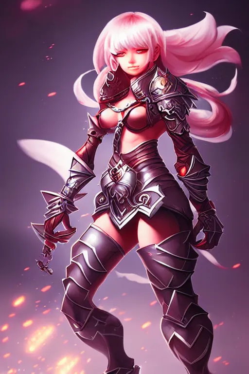 Image similar to sakimi chan, fantasy armor, action pose, detailed face, dynamic lighting, tony sart