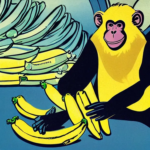 Prompt: propaganda poster of a monkey in front of a large pile of bananas, illustration, highly detailed