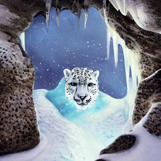 Prompt: riding the snow leopard into the translucent ice caves. melancholy undertones, high fantasy art official contest submission 3 8 4 0