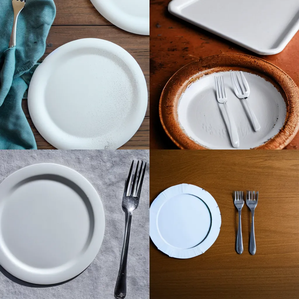 Prompt: a white paper plate with a single drop of water on it and a fork next to it