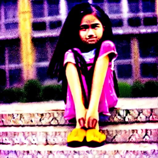 Image similar to a potrait of young girl sitting down infront of her big school, photorealistic, kodak 4 0 0, award winning photography