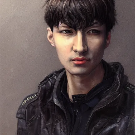 Image similar to portrait of a man by ayami kojima, he is about 3 0 years old, short black hair with bangs, his features are a mix between french, turkish and russian and he is wearing a beige and black utility jumpsuit, scifi, highly detailed portrait, digital painting, artstation, concept art, smooth, sharp foccus ilustration, artstation hq