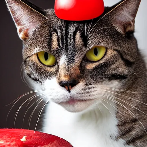 Prompt: Photo of a cat with a red mushroom on his head