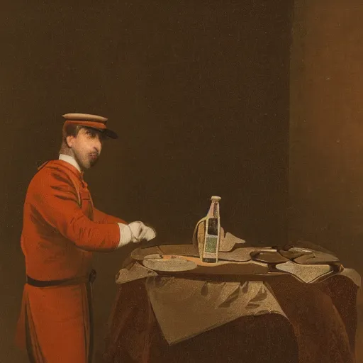 Image similar to a tapestry of a man in a uniform observing the sealing of a very important bottle of spirits