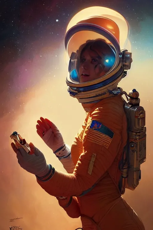 Prompt: a female astronaut on mars, face painting, dramatic lighting, intricate, wild, highly detailed, digital painting, artstation, concept art, smooth, sharp focus, illustration, art by artgerm and greg rutkowski and alphonse mucha, footage from space camera