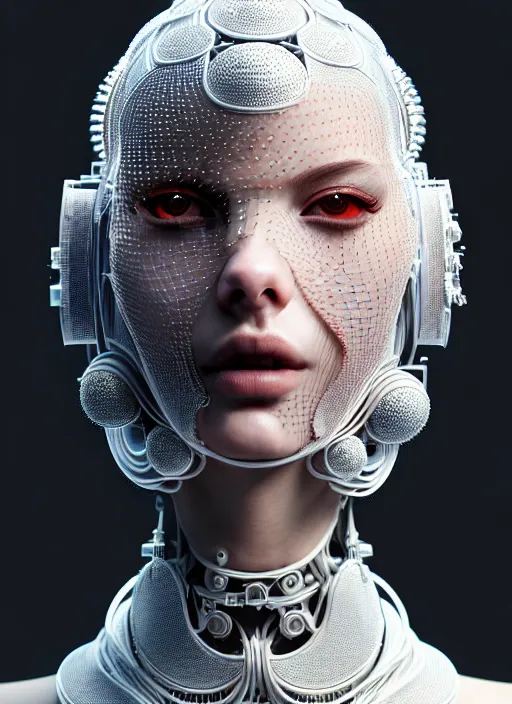 Prompt: portrait of an absurdly beautiful, graceful, sophisticated, fashionable cyberpunk mechanoid, techwear, hyperdetailed illustration by irakli nadar and alexandre ferra, intricate linework, white porcelain skin, faberge, coral headdress, unreal engine 5 highly rendered, global illumination, radiant light, detailed and intricate environment