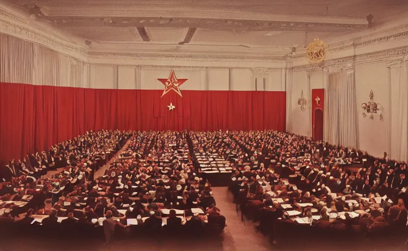 Prompt: 60s movie still of a CCCP congress in a stanilist style palace interior, by Irving Penn , cinestill 800t 35mm eastmancolor, heavy grainy picture, very detailed, high quality, 4k, HD criterion, precise texture