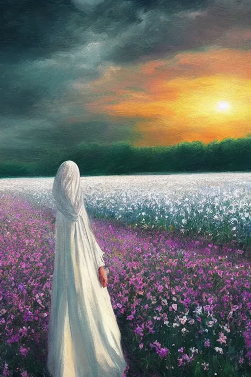 Prompt: giant white daisy flowers as head veil, girl walking in a flower field, surreal photography, sunrise, dramatic light, impressionist painting, colorful clouds, digital painting, artstation, simon stalenhag