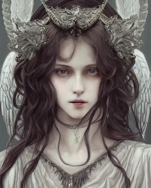 Image similar to an infinitely detailed portrait of a frail and pale female peace angel elegantly. fully - clothed full - body, beautiful! scenery art!! coherent! by wlop & murata, victorian color palette, artstation / pixiv!! highly elegantly armored angel portrait full - body, dreamy art