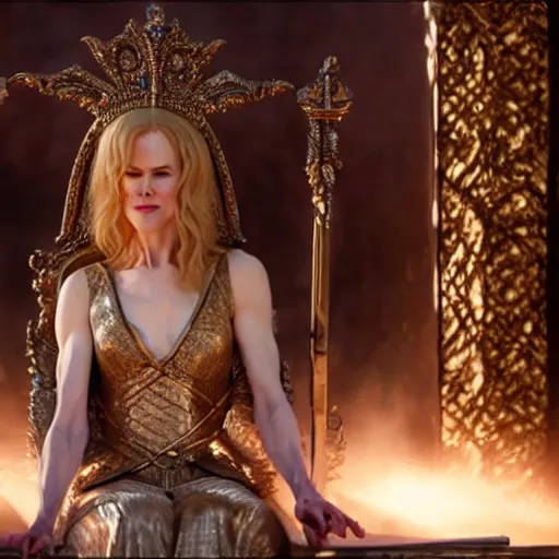 Image similar to cinematic scene with nicole kidman on a majestic throne as the goddess of war, dramatic, small details, volumetric lighting, still frame
