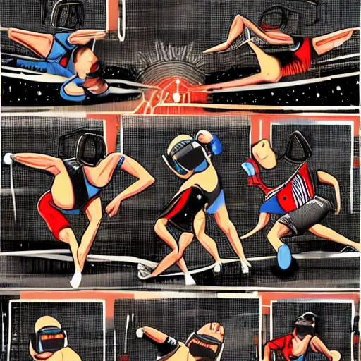 Prompt: wrestlers wearing vr headsets, vr goggles, shrugging, shrugging arms, tap out, minimalistic, trending on art station, digital illustration by matthew skiff