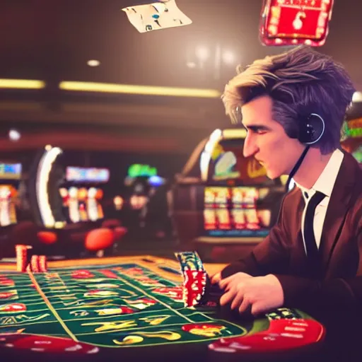 Image similar to film still of xqc gambling in Vegas, 4k, photorealism, artstation style