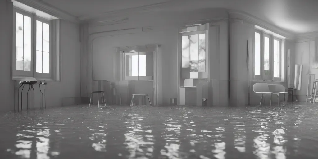 Image similar to a moisterd room with a wet floor and wet walls, rendered in octane 8 k