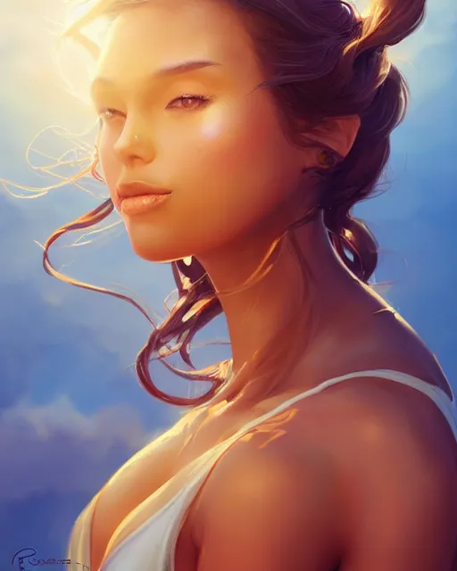 Image similar to summer vibes, beautiful sun tanned goddess portrait, flowy sunkissed hair, sun, summer, cinematic lighting, highly detailed, digital painting, trending on artstation, pixiv, concept art, sharp focus, illustration, art by ross tran and wlop