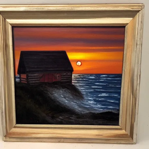 Image similar to sunset over a cabin on the coast, sea, wood, oil painting