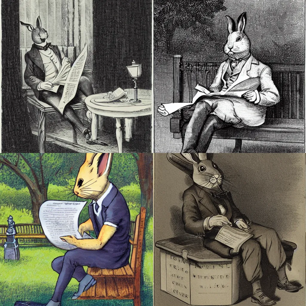 Prompt: A rabbit detective sitting on a park bench and reading a newspaper in a victorian setting