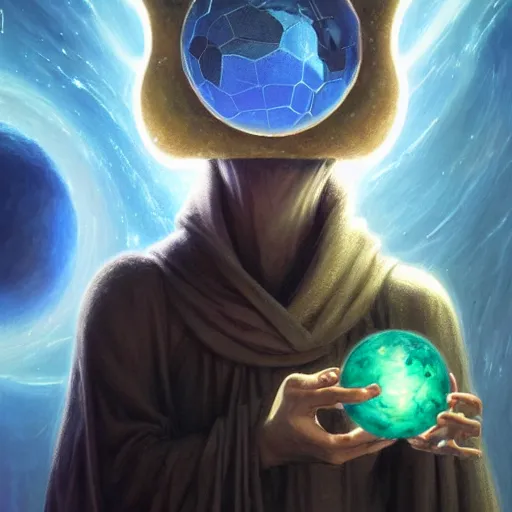 Prompt: creator of worlds wearing a cloak, masked, and holding a holographic planet projection in his hand, detailed, sci - fi, digital painting, artstation, sharp focus, illustration, ominous, artgerm, tomasz alen kopera, peter mohrbacher, donato giancola, joseph christian leyendecker, wlop, frank frazetta