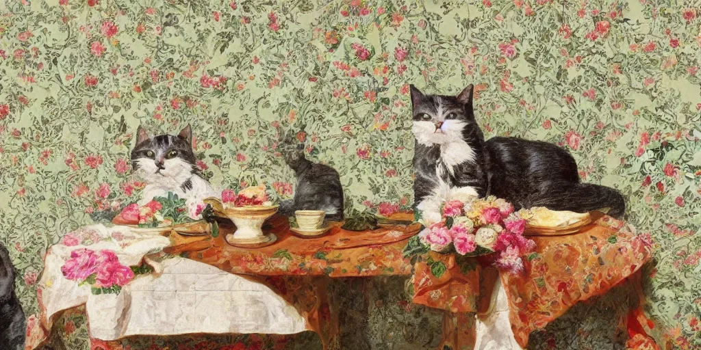 Prompt: portrait of a cat on a chair at a coffee table full of food, flowery wallpaper, beautiful sunny day, 1 8 8 0 s style