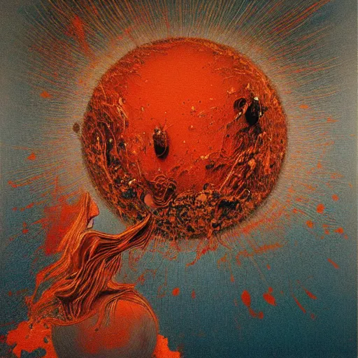 Image similar to a sphere being devoured by abstract splatters of paint in the style of francis bacon, venus being engulfed in flames in the style of james jean, surreal, beksinski, high detailed