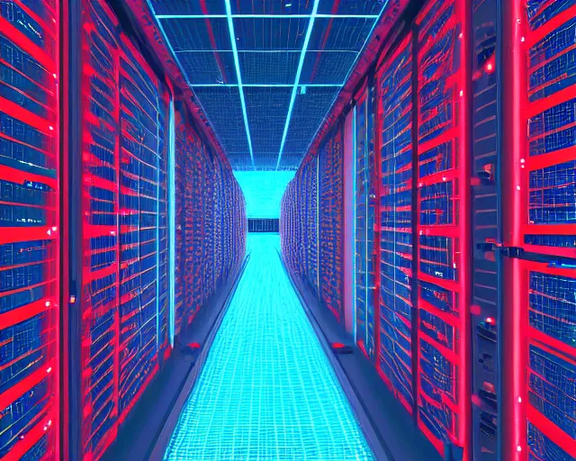 Image similar to datacenter with red laser grid, server in the middle, deep view, heavy blue led lights, wires connected, award winning, extremely detailed, artstation, 8 k, incredible art