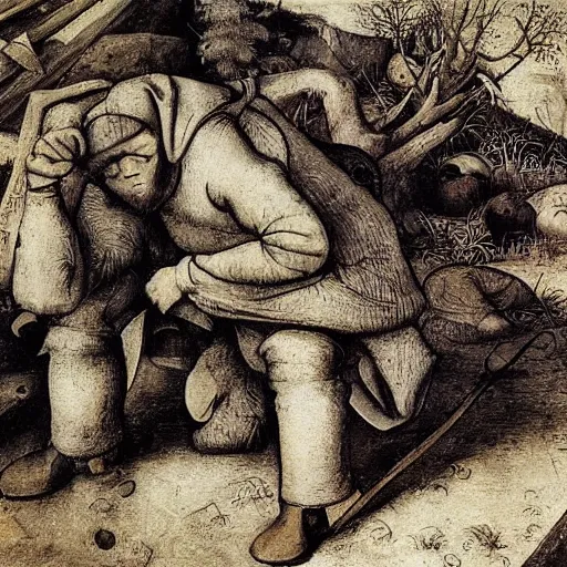 Image similar to of mediaeval man weeping concept art high detailed pieter bruegel