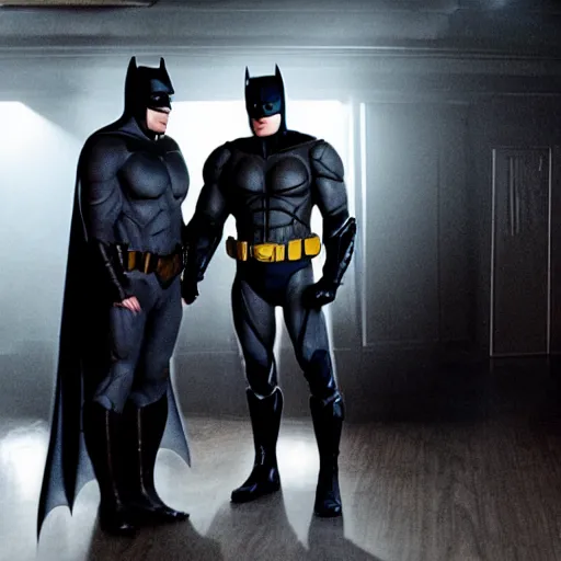 Image similar to A still of Ben Affleck's Batman meeting Michael Keaton's Batman, 4k, photograph, ultra realistic, highly detailed, studio lighting