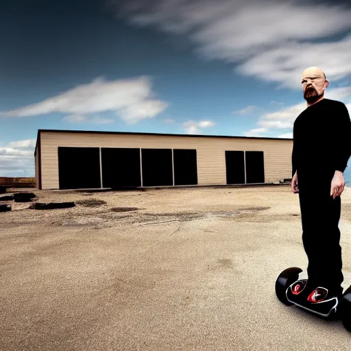 Image similar to Walter White from Breaking Bad (2008) standing on a hoverboard with an exploding building behind him, HDR, 8k,