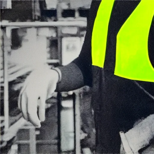 Prompt: photo, close up, john f kennedy in a hi vis vest, in warehouse, android cameraphone, 2 6 mm,