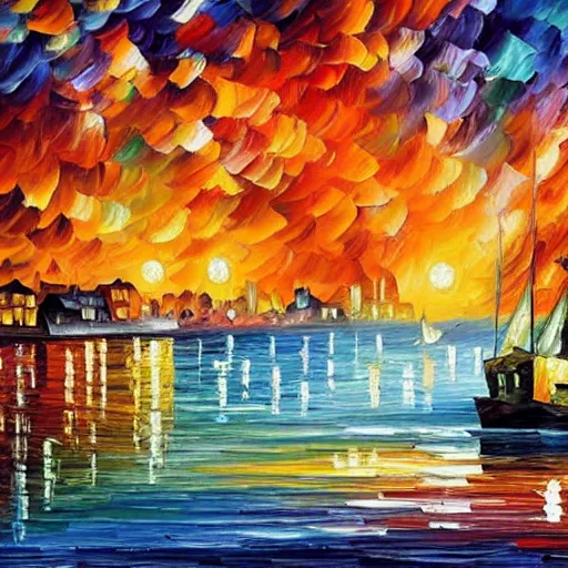 Image similar to beautiful cityscape of a seaside village in the style of leonid afremov