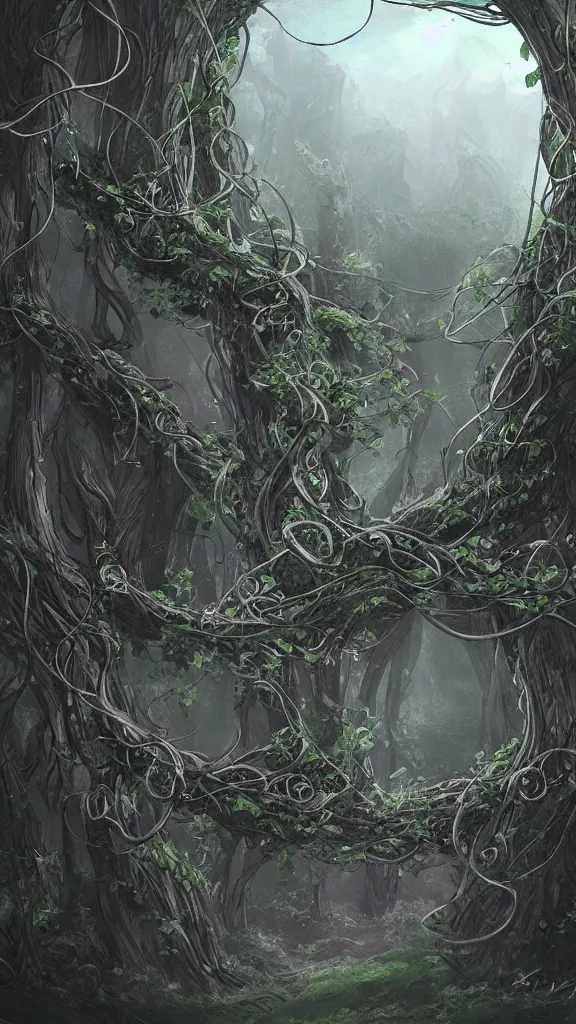 Image similar to long thick vines everywhere, fantasy art, art station, grey background,