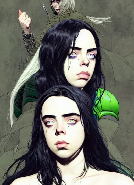 Image similar to Billie Eilish as Female Loki, very detailed, digital art, trending on artstation, fan art, concept art, smooth, illustration, art by Katsuhiro Otomo and Geof Darrow and Phil hale and Ashley wood