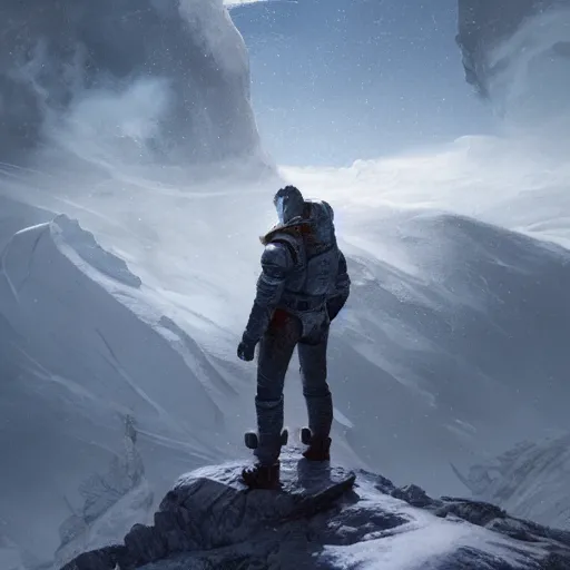 Image similar to a space survivor standing on blizzardy mountains, Matte painting , detailed painting, greg rutkowski