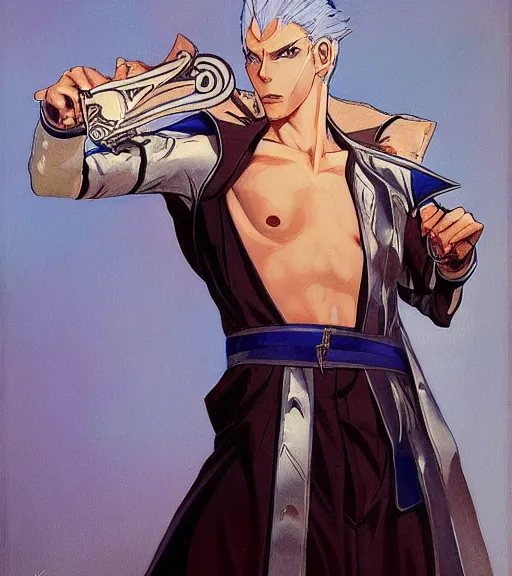 Prompt: j. c. leyendecker painting of an anime vergil from dmc, direct flash photography at night, film grain
