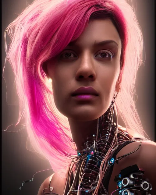 Prompt: portrait of a beautiful brown woman with pink hair as a cyberpunk cyborg half robot, revealing wires and electronics, hooked - up, sci - fi, missing panels, intricate abstract upper body intricate artwork, concept art, octane render, deviantart, cinematic, key art, hyperrealism, iridescent accents, portrait photograph, nikon 3 5 mm, photograph by greg rutkowski