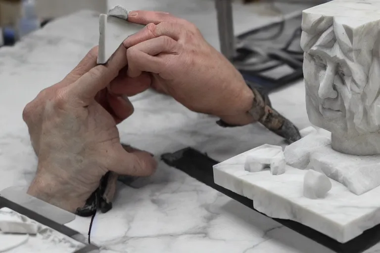 Image similar to a sculptor carving a 3 d printer from a block of marble