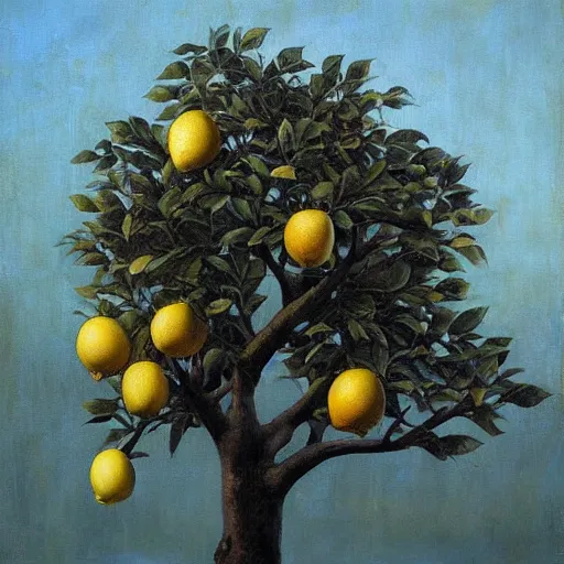 Prompt: an oil painting of a lemon tree by esao andrews. circa survive album cover art. dark. muted colors. gothic. oil painting with brush strokes. creepy.