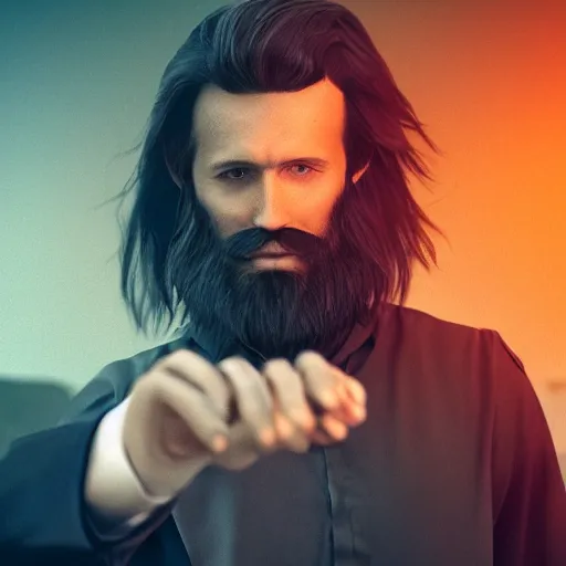 Prompt: a long, dark haired man with a light beard, dressed casually offering a handshake towards the camera, cinematic, gloomy background, realistic, digital art, character art, 8 k