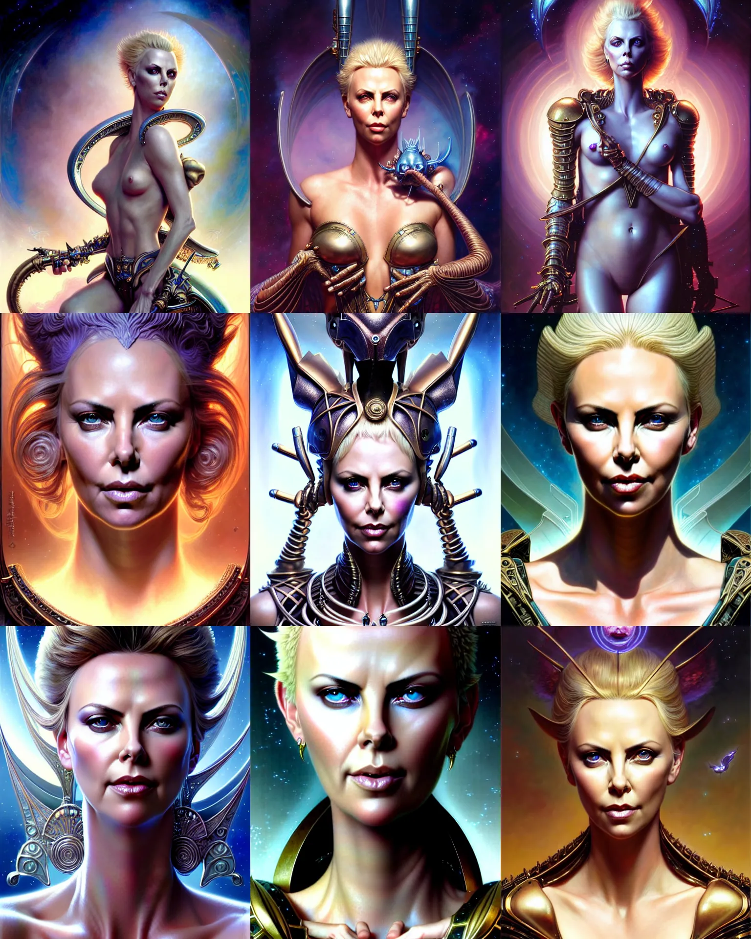Prompt: beautiful gemini fantasy character portrait, charlize theron, ultra realistic, wide angle, intricate details, the fifth element artifacts, highly detailed by peter mohrbacher, hajime sorayama, wayne barlowe, boris vallejo, aaron horkey, gaston bussiere, craig mullins