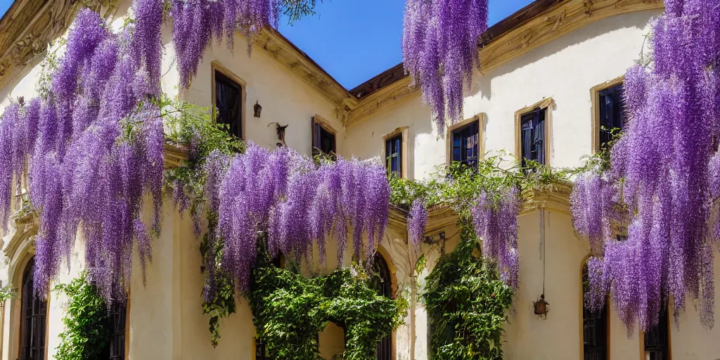 Prompt: photo of a rococo house with wisteria flowers, wallpaper, arhitectural shot, national geographic, award arhitectural photography, professional arhitectural photography, sunny, day time, beautiful, warm light, fernando guerra, tekla evelina severin, karen vikke