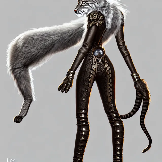 Image similar to the full body of anthropomorphic lynx fursona from behind wearing a steampunk suit as unimaginably beautiful, gorgeous, elegant, young woman with lynx head, an ultrafine hyperdetailed illustration by furaffinity, intricate linework, white fur, unreal engine 5 highly rendered, global illumination, radiant light, detailed and intricate environment