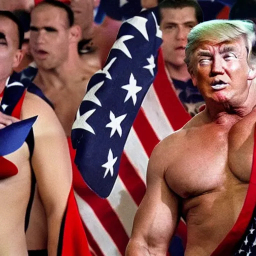 Prompt: an award winning photo, of a shirtless, muscular, donald trump, wearing an american flag as a cape, as he is leading his troops into battle against a giant communist.