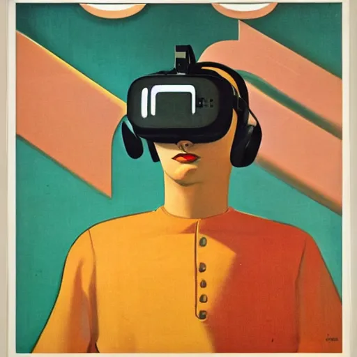 Image similar to man wearing virtual reality headset, 1950s art deco poster, retrofuturism, edward hopper